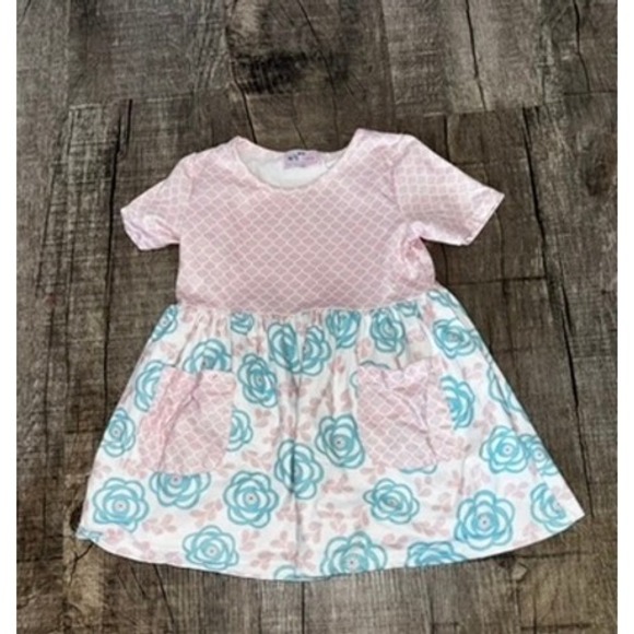 Pete + Lucy Other - Kids Pink Blue‎ Floral Lattice Print Short Sleeve Pocket Dress Mixed Pattern
